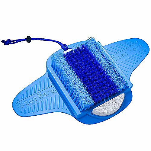 

foot scrubber | foot brush | foot pumice | bristles deep clean & massage | exfoliate & stimulate feet | foot spa brush | free string & body mesh sponge | perfect gift | premium quality
