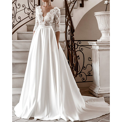 

A-Line Wedding Dresses V Neck Sweep / Brush Train Lace Satin Half Sleeve Formal with 2021
