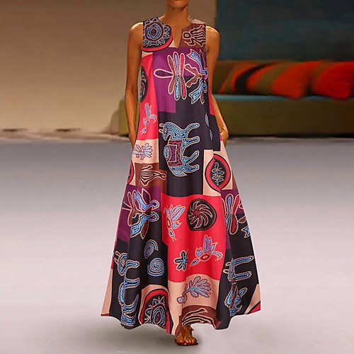 

Women's Shift Dress Maxi long Dress Red Orange Sleeveless Print Mesh Print Fall Spring V Neck Casual vacation dresses 2021 S M L XL XXL 3XL 4XL 5XL / Plus Size