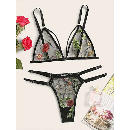 

Women's Lace Mesh Suits Nightwear Jacquard Embroidered Black S M L