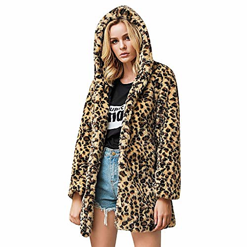

womens leopard faux fur coat long sleeve parka jacket outwear winter warm zip up hooded overcoat with pocket khaki