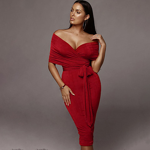 

Women's Sheath Dress Midi Dress Red Yellow Blushing Pink Sleeveless Solid Color Backless Patchwork Winter V Neck Hot Elegant Sexy 2021 S M L