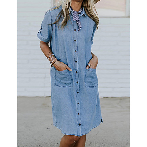 

Women's Denim Shirt Dress Knee Length Dress Blue Light Blue Short Sleeve Solid Color Button Summer Shirt Collar Casual Vintage 2021 S M L XL XXL 3XL 4XL 5XL