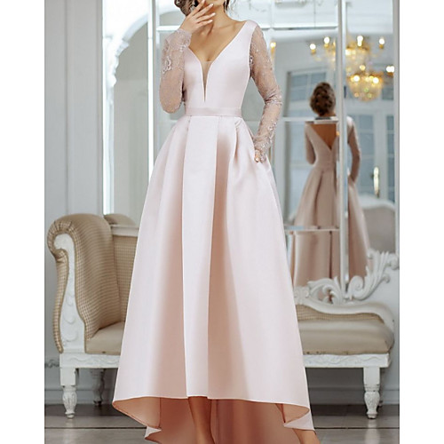 

A-Line Minimalist Sexy Engagement Formal Evening Dress V Neck Long Sleeve Asymmetrical Satin with Pleats Lace Insert 2021