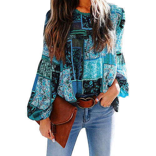 

Women's Blouse Shirt Color Block Graphic Prints Long Sleeve Print Round Neck Tops Basic Boho Basic Top Blue Wine Fuchsia