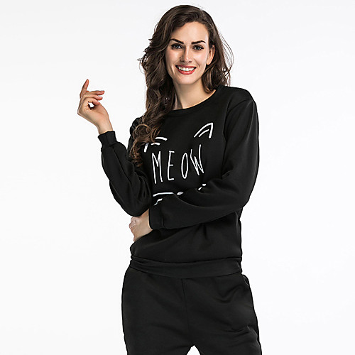 

Women's Sweatshirt Pullover Black White Artistic Style Crew Neck Fleece Cotton Cat Cute Letter Printed Sport Athleisure Sweatshirt Long Sleeve Warm Soft Comfortable Everyday Use Causal Exercising