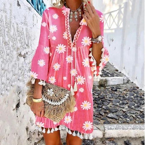 

Women's Swing Dress Short Mini Dress Blushing Pink Long Sleeve Print Tassel Fringe Print Summer V Neck Hot Casual Boho Flare Cuff Sleeve 2021 S M L XL XXL 3XL 4XL