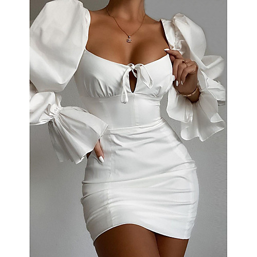 

Women's Sheath Dress Short Mini Dress White Long Sleeve Solid Color Patchwork Summer Square Neck Hot Elegant Sexy Puff Sleeve Cotton 2021 S M L XL