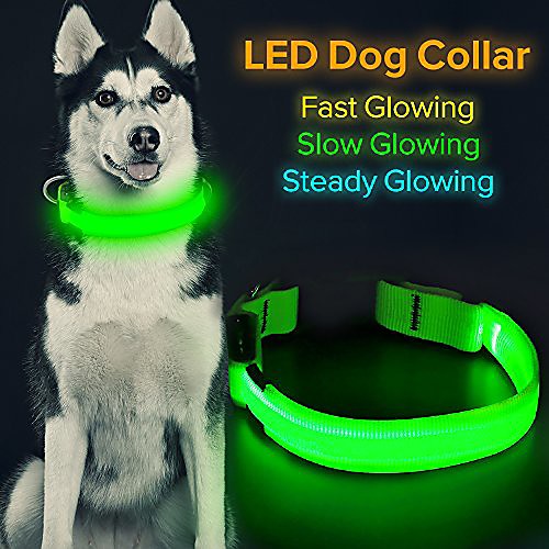 

led dog collar, usb rechargeable glowing pet collar night safety led light up with nylon webbing perfect for small, medium, large dogs (green)