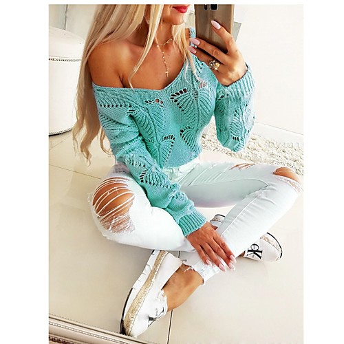 

Women's Stylish Knitted Hollow Out Solid Colored Pullover Long Sleeve Sweater Cardigans V Neck Fall Winter Blue Blushing Pink Green
