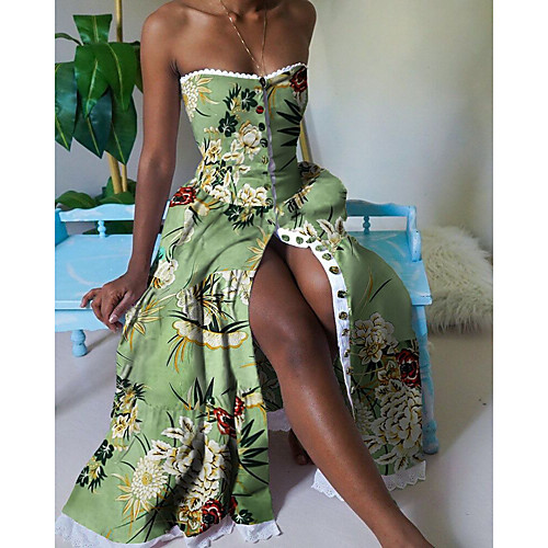 

Women's Swing Dress Maxi long Dress White Yellow Light Green Sleeveless Print Patchwork Print Summer Strapless Hot Sexy 2021 S M L XL