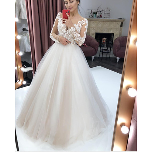 

A-Line Wedding Dresses V Neck Floor Length Lace Tulle Long Sleeve Simple with 2021