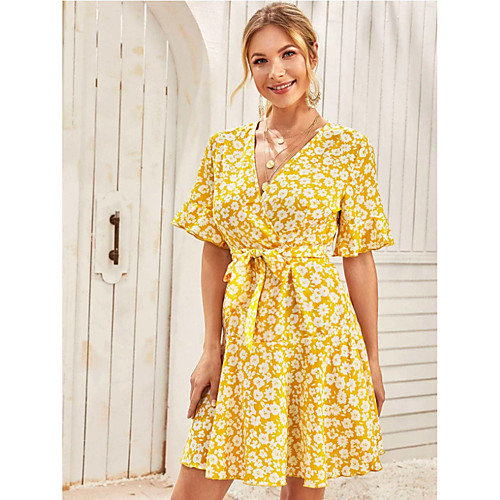 

Women's Wrap Dress Short Mini Dress Yellow Short Sleeve Daisy Floral Print Summer V Neck Casual 2021 S M L XL XXL
