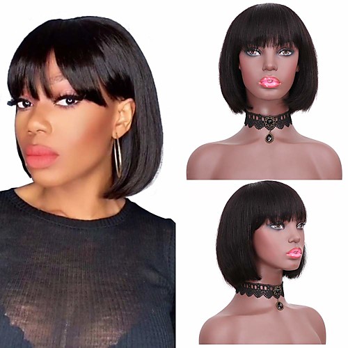 

Remy Human Hair Wig Short Natural Straight With Bangs Natural Black Party Natural Hot Sale Capless Women's Girls' Natural Black 10 inch