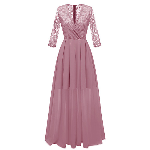 

Women's Wrap Dress Maxi long Dress Blue Blushing Pink Wine Long Sleeve Solid Color Zipper Lace Patchwork Summer V Neck Hot Elegant 2021 S M L XL XXL