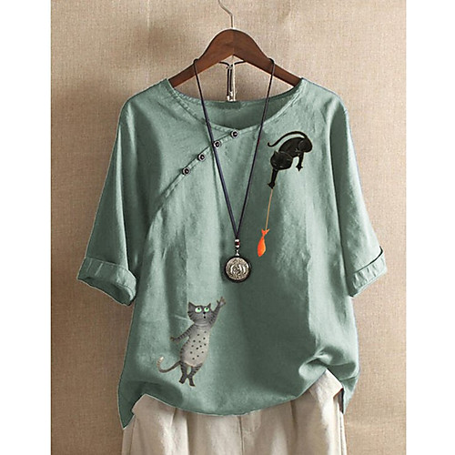 

Women's Blouse Shirt Cat Print Boat Neck Tops Cotton Basic Basic Top White Blue Blushing Pink