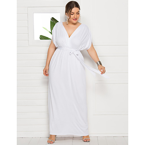 

Women's Swing Dress Maxi long Dress White Black Purple Wine Green Royal Blue Navy Blue Short Sleeve Solid Color Fall Summer V Neck Elegant Casual 2021 M L XL XXL 3XL 4XL