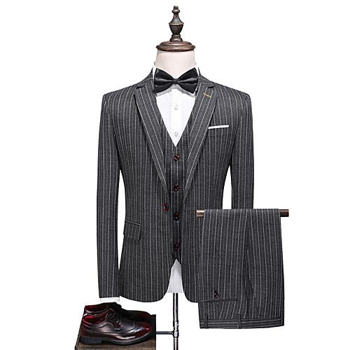 

Black Striped Standard Fit Polyester Suit - Notch Single Breasted One-button / Suits