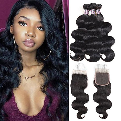 

4 Bundles Hair Weaves Brazilian Hair Body Wave Human Hair Extensions Human Hair Hair Weft with Closure 8-28 inch Natural Women Natural Youth