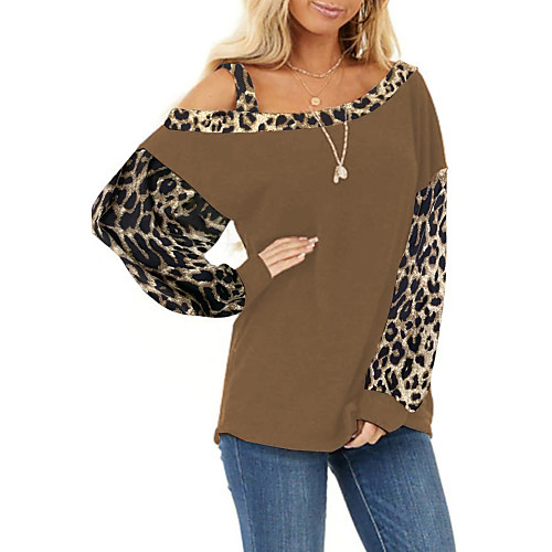 

Women's Blouse Shirt Color Block Leopard Cheetah Print Long Sleeve Patchwork Off Shoulder Tops Basic Basic Top Black Blue Wine