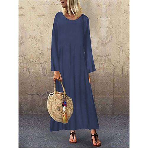 

Women's Shift Dress Maxi long Dress Black Red Green Navy Blue Long Sleeve Solid Color Fall Winter Round Neck Hot Casual 2021 M L XL XXL 3XL 4XL