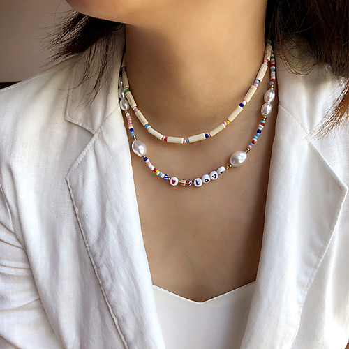 

Women's Choker Necklace Beaded Necklace Handmade Friends Letter Love Lucky Elegant Fashion Modern Trendy Imitation Pearl Glass Stone White 43 cm Necklace Jewelry 2pcs For Wedding Anniversary Gift