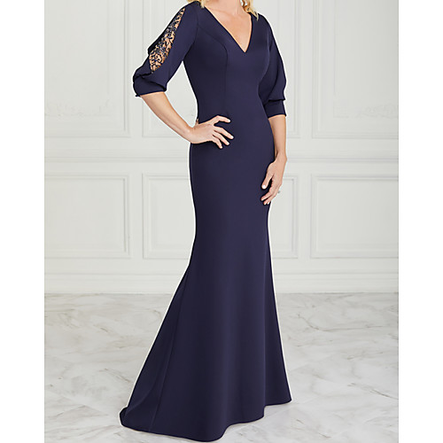 

Mermaid / Trumpet Mother of the Bride Dress Elegant V Neck Floor Length Lace Stretch Satin Half Sleeve with Appliques 2021