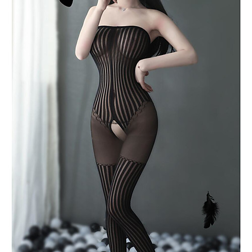 

Women's Mesh Bodysuits Nightwear Striped Solid Colored Black One-Size