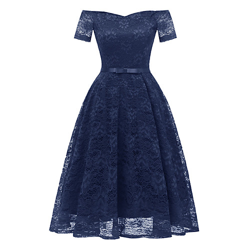 

Women's A Line Dress Short Mini Dress Navy Blue Short Sleeve Solid Color Lace Bow Summer Off Shoulder Hot Sexy 2021 S M L XL XXL