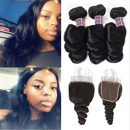 

4 Bundles Hair Weaves Brazilian Hair Loose Wave Human Hair Extensions Human Hair Hair Weft with Closure 8-28 inch Natural Women Natural Youth