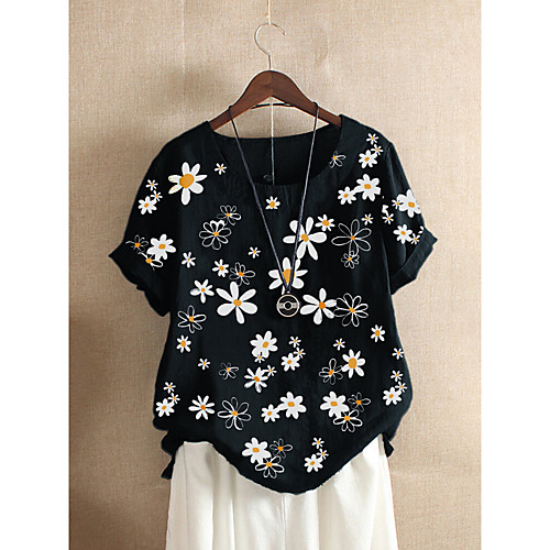 

Women's T-shirt Floral Flower Printing Print Round Neck Tops Loose Cotton Basic Basic Top Black Red Green