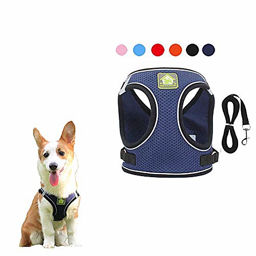 

dog harness and leash set, no-pull breathable soft mesh puppy vest harness reflective adjustable pet harnesses for small medium dogs and cats - outdoor easy control for walking (navy blue)
