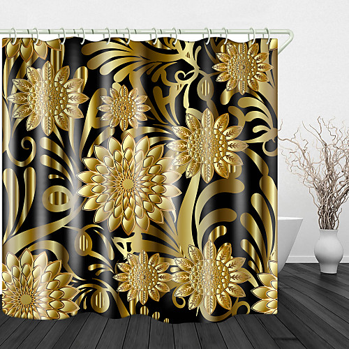 

Elegant And Noble Golden Flowers Digital Print Waterproof Fabric Shower Curtain For Bathroom Home Decor Covered Bathtub Curtains Liner Includes With Hooks