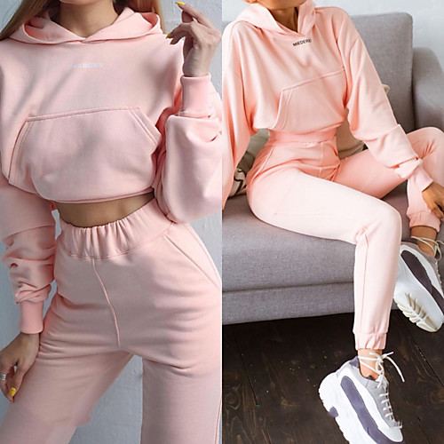 

Women's 2 Piece Cropped Tracksuit Sweatsuit Street Casual 2pcs Long Sleeve Spandex Moisture Wicking Breathable Soft Fitness Gym Workout Performance Running Training Sportswear Solid Colored Hoodie