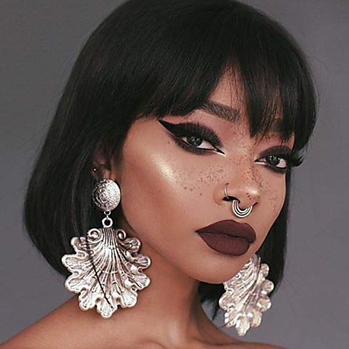 

Remy Human Hair Wig Medium Length Natural Straight With Bangs Natural Black Party Sexy Lady New Arrival Capless Women's Natural Black 12 inch