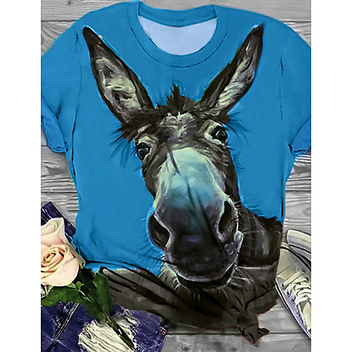 

Women's T shirt Animal Round Neck Tops Cotton Basic Top Blue Purple
