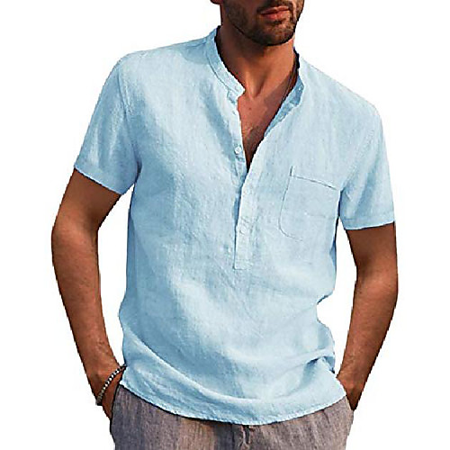

men short sleeve linen shirts henley tops shirt light blue m