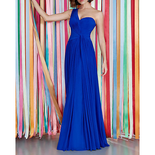 

A-Line Beautiful Back Sexy Wedding Guest Formal Evening Dress One Shoulder Sleeveless Floor Length Chiffon with Pleats 2021