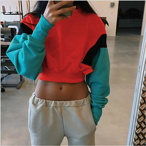 

Women's Sweatshirt Crop Top Patchwork Crew Neck Color Block Sport Athleisure Pullover Long Sleeve Warm Soft Comfortable Everyday Use Causal Exercising General Use