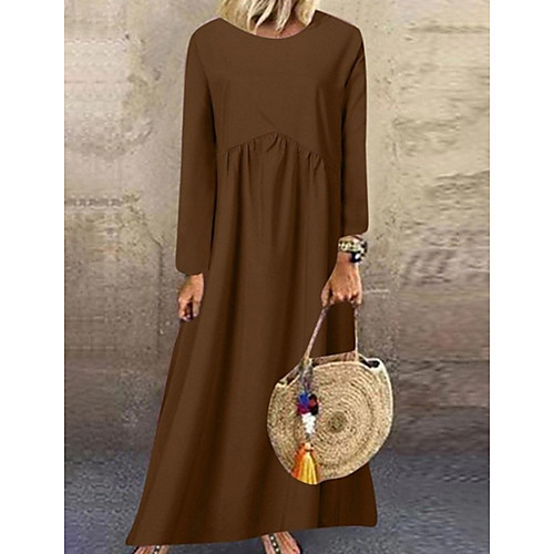 

Women's A Line Dress Maxi long Dress Red Green Brown Navy Blue Long Sleeve Solid Color Print Summer Round Neck Hot Casual 2021 L XL XXL 3XL 4XL 5XL