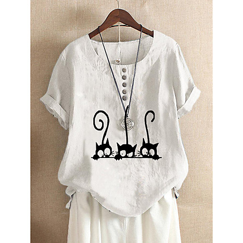 

Women's T shirt Cat Button Round Neck Tops Cotton Basic Basic Top White Red Army Green