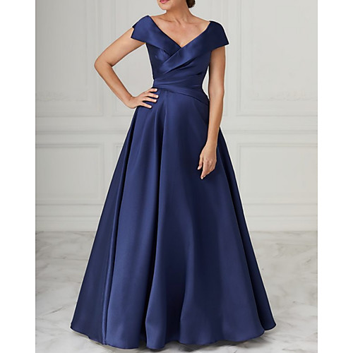 

A-Line Mother of the Bride Dress Elegant V Neck Floor Length Satin Sleeveless with Pleats 2021