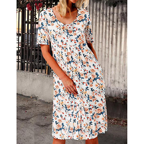 

Women's Swing Dress Midi Dress White Short Sleeve Floral Pocket Print Summer Round Neck Hot Casual Mumu 2021 S M L XL XXL