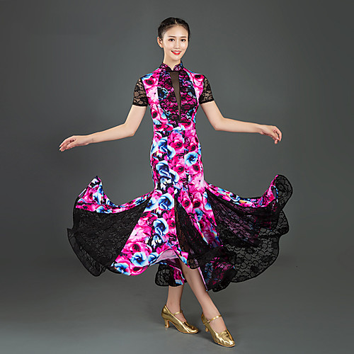 

Ballroom Dance Dress Lace Split Joint Women's Training Performance Short Sleeve Milk Fiber