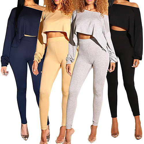 

Women's 2pcs Tracksuit Yoga Suit Winter Off Shoulder Fashion Yellow Gray Yoga Fitness Running Leggings Crop Tee Clothing Suit Long Sleeve Sport Activewear Tummy Control Butt Lift Breathable Quick Dry