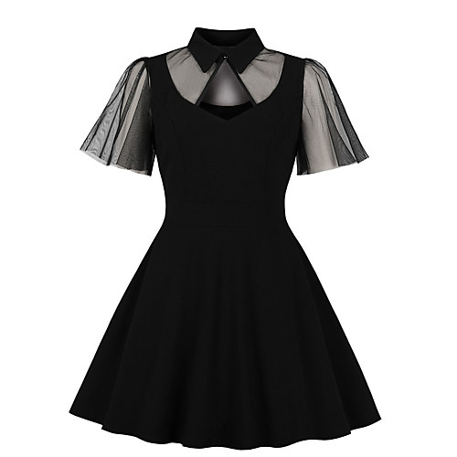 

Women's Swing Dress Knee Length Dress Black Short Sleeve Print Zipper Lace Print Fall Round Neck Hot Vintage 2021 XL XXL 3XL 4XL