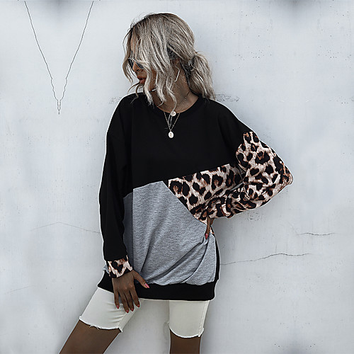 

Women's Tee / T-shirt Black Oversized Leopard Print Color Block Leopard Cute Sport Athleisure T Shirt Top Long Sleeve Comfortable Everyday Use Casual Daily / Winter