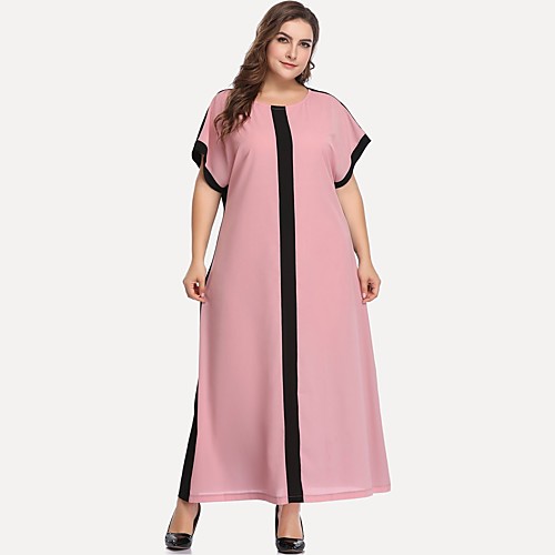 

Women's Shift Dress Maxi long Dress Blushing Pink Short Sleeve Color Block Patchwork Summer Round Neck Casual Flare Cuff Sleeve 2021 XL XXL 3XL 4XL 5XL