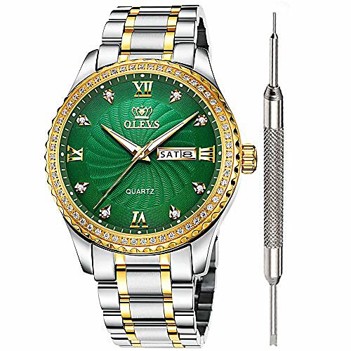

green dial diamond watches for men waterproof mens best fashion business casual watch calendar week analog quartz watch stainless steel classic wrist watch christmas