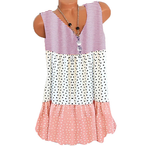 

Women's Tunic Polka Dot Striped Print V Neck Tops Loose Basic Basic Top Black Yellow Blushing Pink
